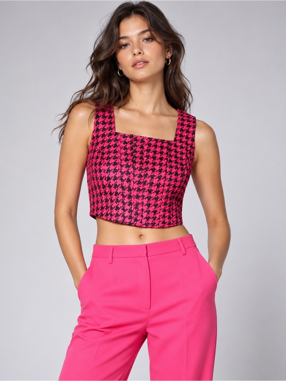 Walter Baker Imani Houndstooth Tweed Crop Top Pink Black Sleeveless Size M NWT